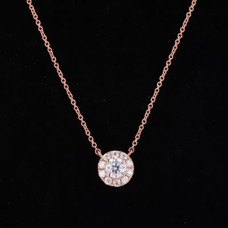 4mm Round Brilliant Cut Moissanite Halo Set 14K Solid Rose Gold Diamond Pendant Necklace