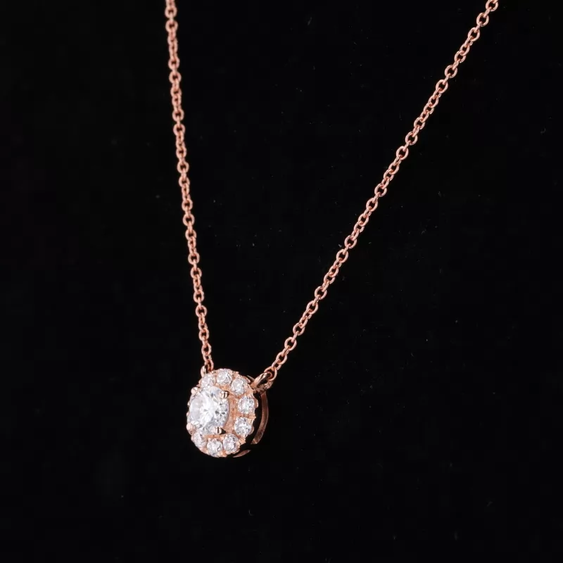 4mm Round Brilliant Cut Moissanite Halo Set 14K Solid Rose Gold Diamond Pendant Necklace