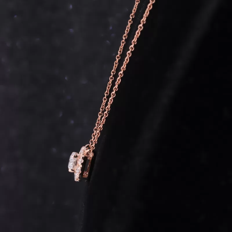 4mm Round Brilliant Cut Moissanite Halo Set 14K Solid Rose Gold Diamond Pendant Necklace