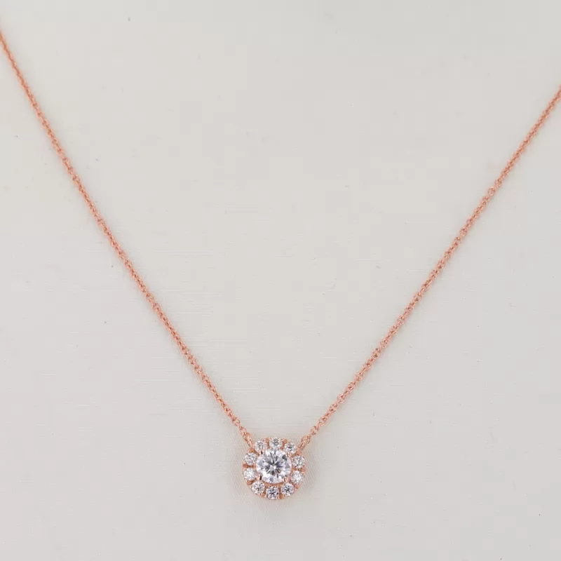 4mm Round Brilliant Cut Moissanite Halo Set 14K Solid Rose Gold Diamond Pendant Necklace