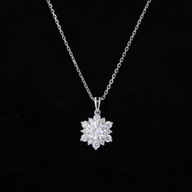 6.5mm Round Brilliant Cut Moissanite Halo Set 14K White Gold Diamond Pendant Necklace