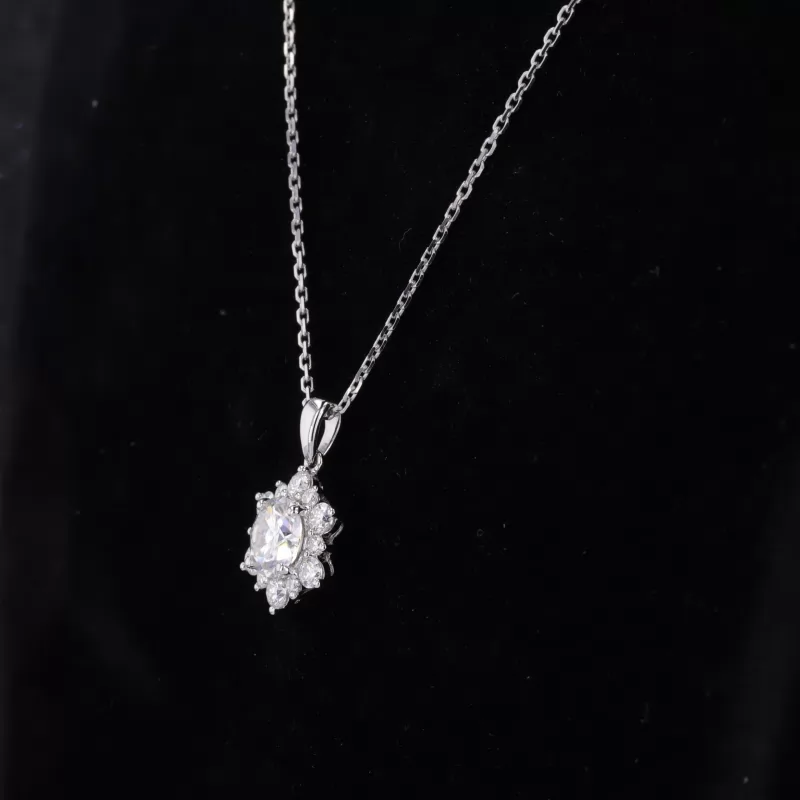 6.5mm Round Brilliant Cut Moissanite Halo Set 14K White Gold Diamond Pendant Necklace