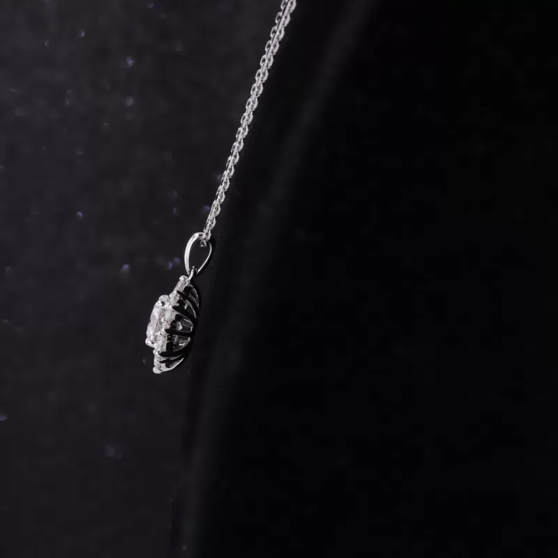 6.5mm Round Brilliant Cut Moissanite Halo Set 14K White Gold Diamond Pendant Necklace