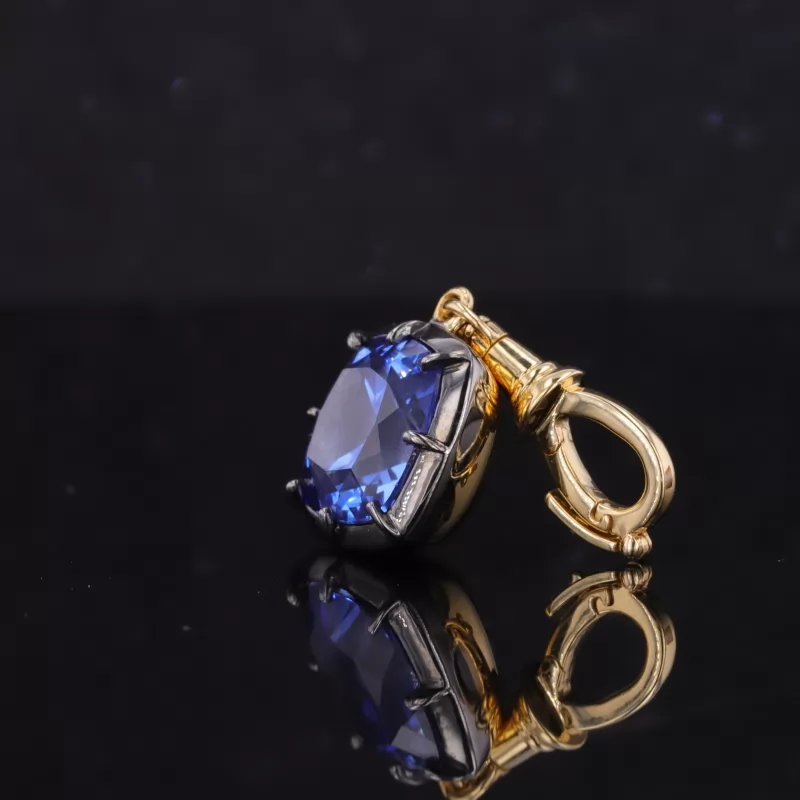 9×9mm Cushion Cut Lab Grown Sapphire 18K Yellow Gold Diamond Pendant