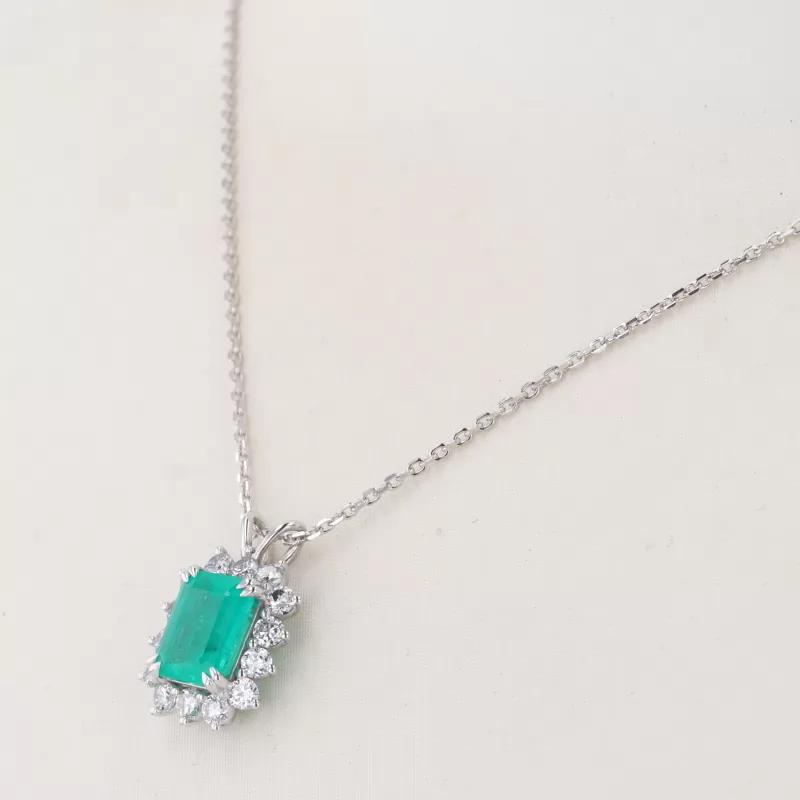 7×9mm Octagon Emerald Cut Lab Grown Emerald Halo Set 14K White Gold Diamond Pendant Necklace