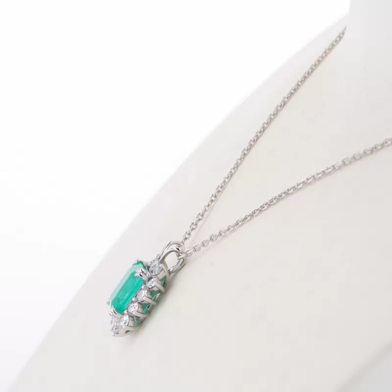 7×9mm Octagon Emerald Cut Lab Grown Emerald Halo Set 14K White Gold Diamond Pendant Necklace