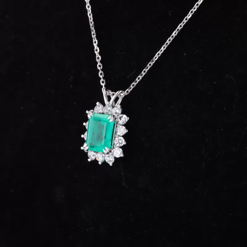 7×9mm Octagon Emerald Cut Lab Grown Emerald Halo Set 14K White Gold Diamond Pendant Necklace