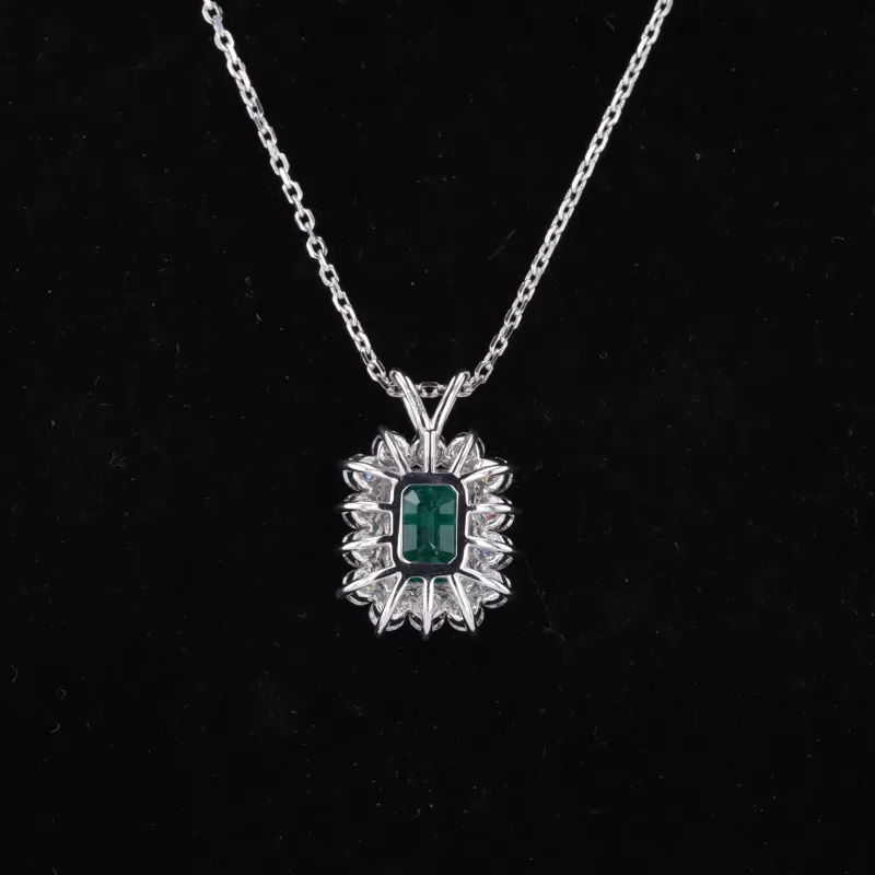 7×9mm Octagon Emerald Cut Lab Grown Emerald Halo Set 14K White Gold Diamond Pendant Necklace