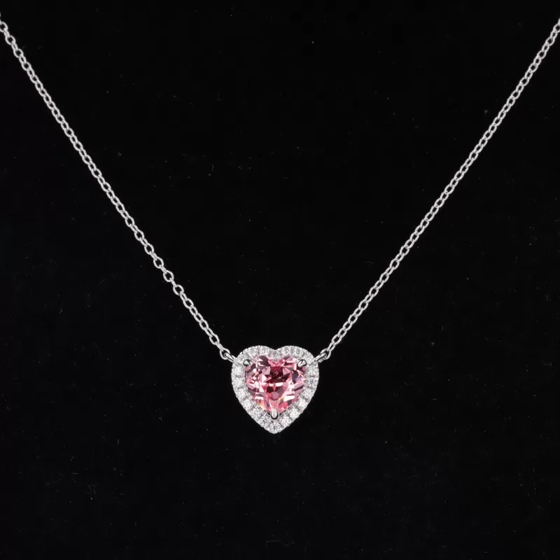 7×7mm Heart Cut Lab Grown Sukura Pink Sapphire Halo Set S925 Sterling Silver Diamond Pendant Necklace