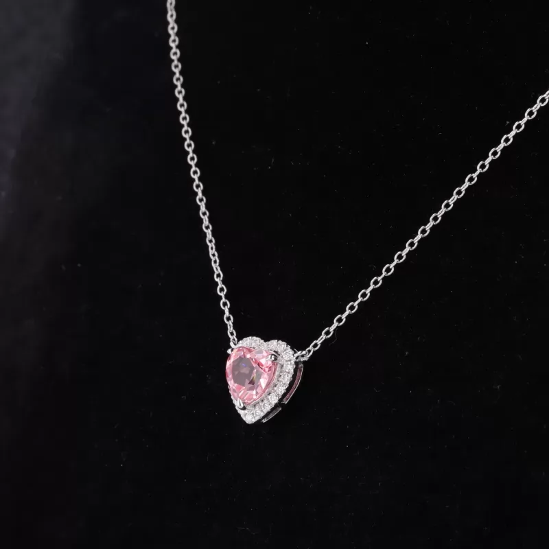 7×7mm Heart Cut Lab Grown Sukura Pink Sapphire Halo Set S925 Sterling Silver Diamond Pendant Necklace