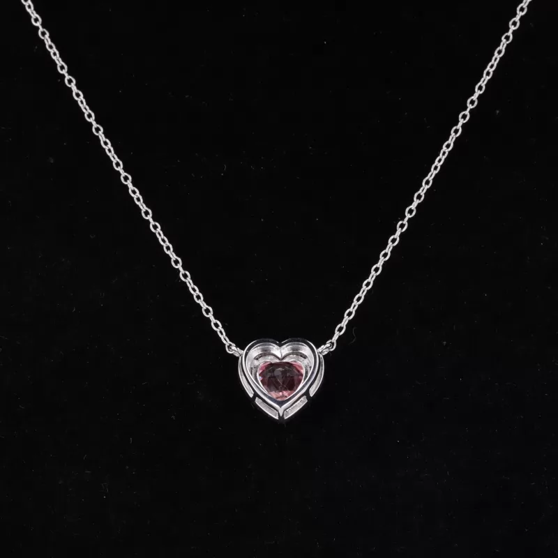 7×7mm Heart Cut Lab Grown Sukura Pink Sapphire Halo Set S925 Sterling Silver Diamond Pendant Necklace