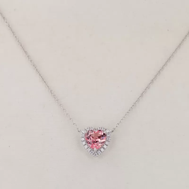 7×7mm Heart Cut Lab Grown Sukura Pink Sapphire Halo Set S925 Sterling Silver Diamond Pendant Necklace