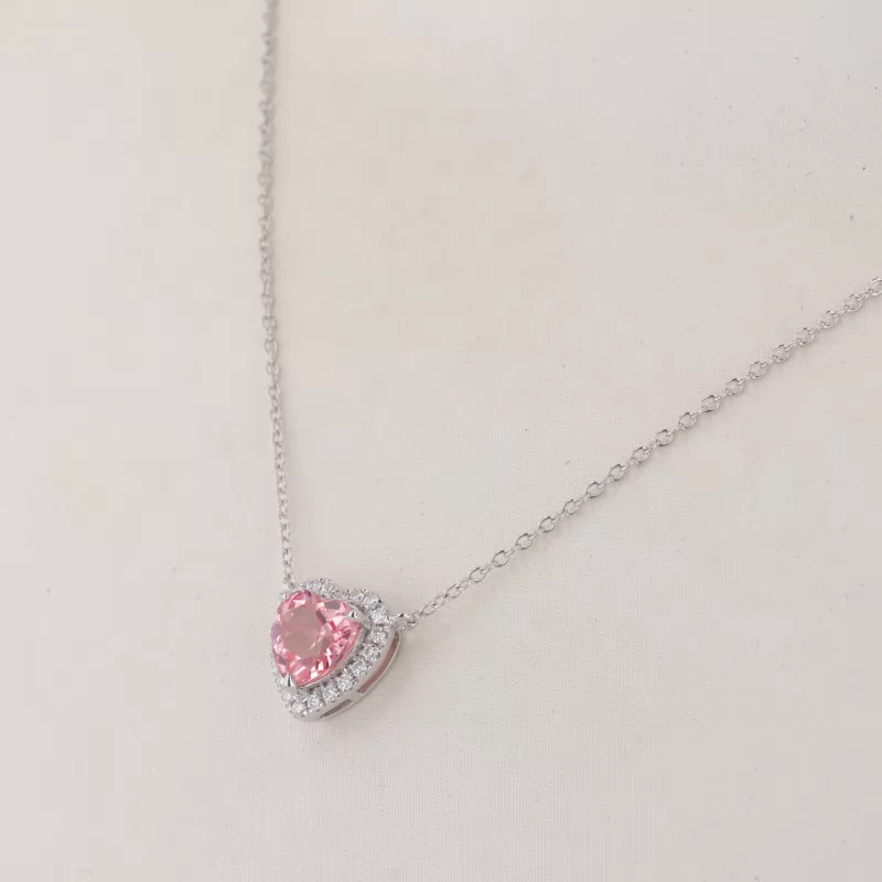 7×7mm Heart Cut Lab Grown Sukura Pink Sapphire Halo Set S925 Sterling Silver Diamond Pendant Necklace