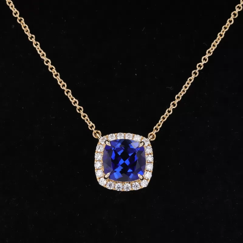 8×8mm Cushion Cut Lab Grown Sapphire Halo Set 14K Gold Diamond Pendant Necklace