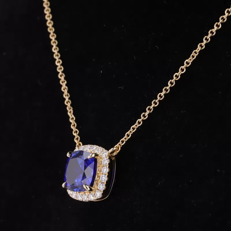 8×8mm Cushion Cut Lab Grown Sapphire Halo Set 14K Yellow Gold Diamond Pendant Necklace