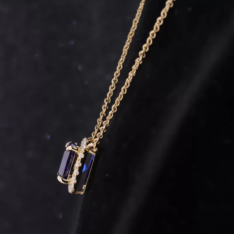 8×8mm Cushion Cut Lab Grown Sapphire Halo Set 14K Gold Diamond Pendant Necklace