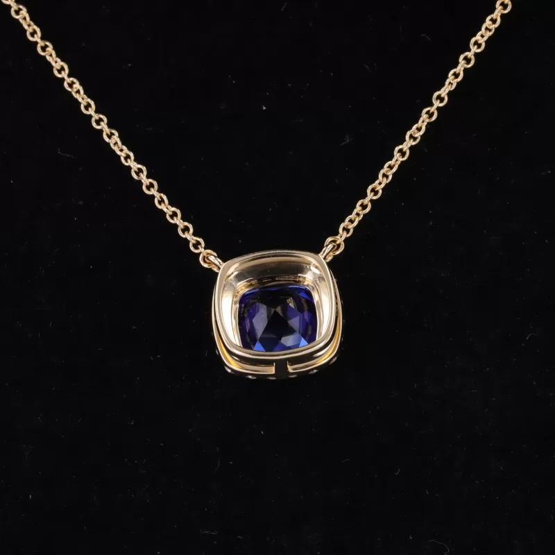 8×8mm Cushion Cut Lab Grown Sapphire Halo Set 14K Yellow Gold Diamond Pendant Necklace