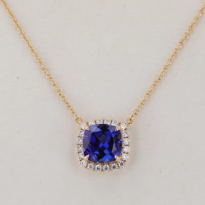 8×8mm Cushion Cut Lab Grown Sapphire Halo Set 14K Gold Diamond Pendant Necklace