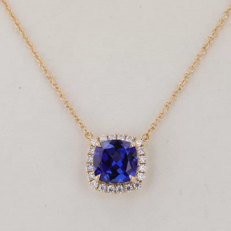 8×8mm Cushion Cut Lab Grown Sapphire Halo Set 14K Yellow Gold Diamond Pendant Necklace