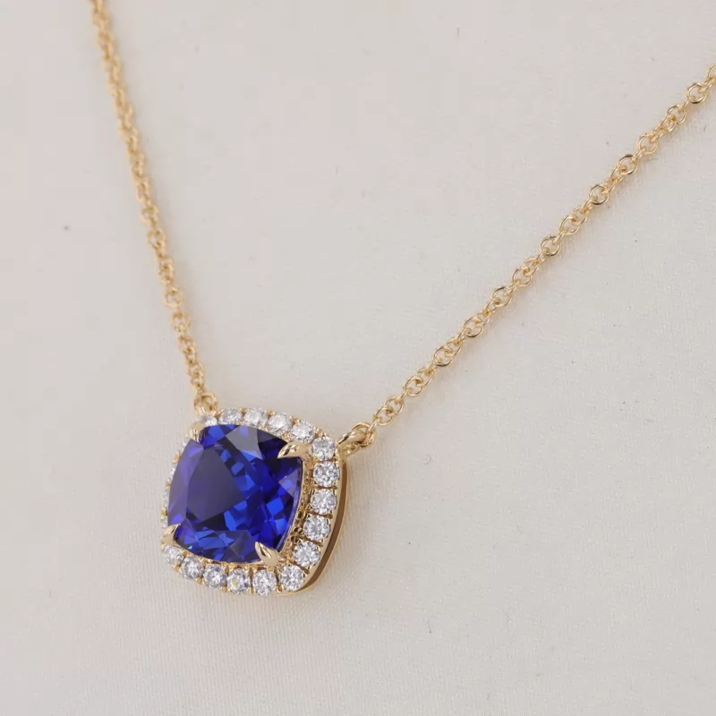 8×8mm Cushion Cut Lab Grown Sapphire Halo Set 14K Yellow Gold Diamond Pendant Necklace