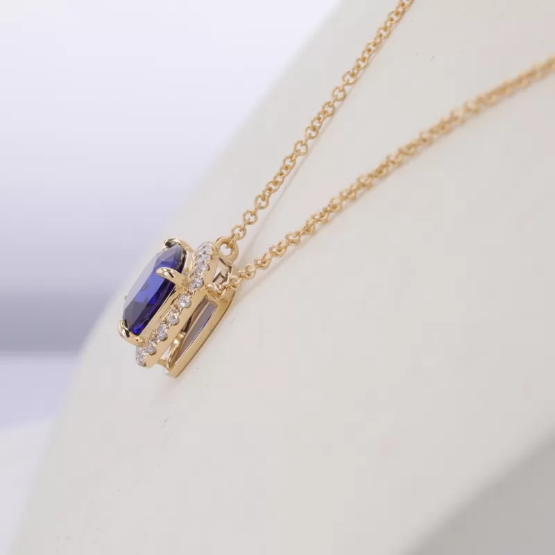 8×8mm Cushion Cut Lab Grown Sapphire Halo Set 14K Yellow Gold Diamond Pendant Necklace