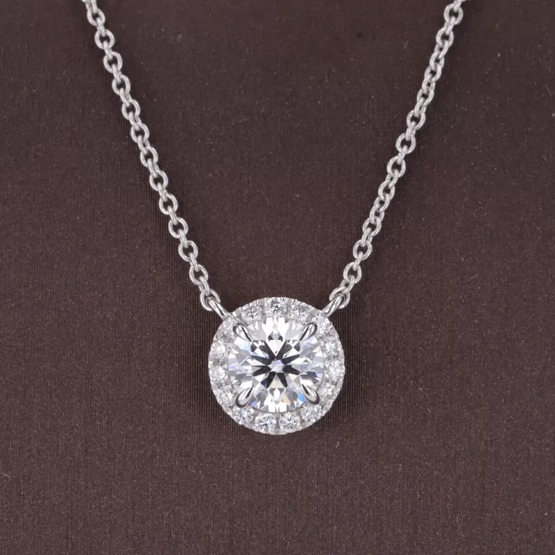 6.47mm Round Brilliant Cut Lab Grown Diamond Halo Set 14K White Gold Diamond Pendant Necklace