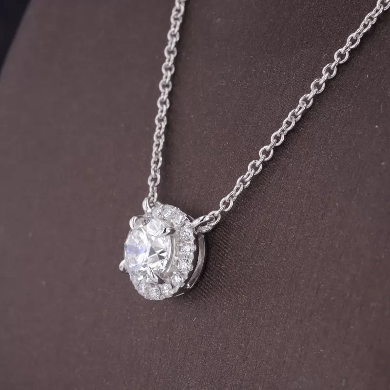 6.47mm Round Brilliant Cut Lab Grown Diamond Halo Set 14K White Gold Diamond Pendant Necklace