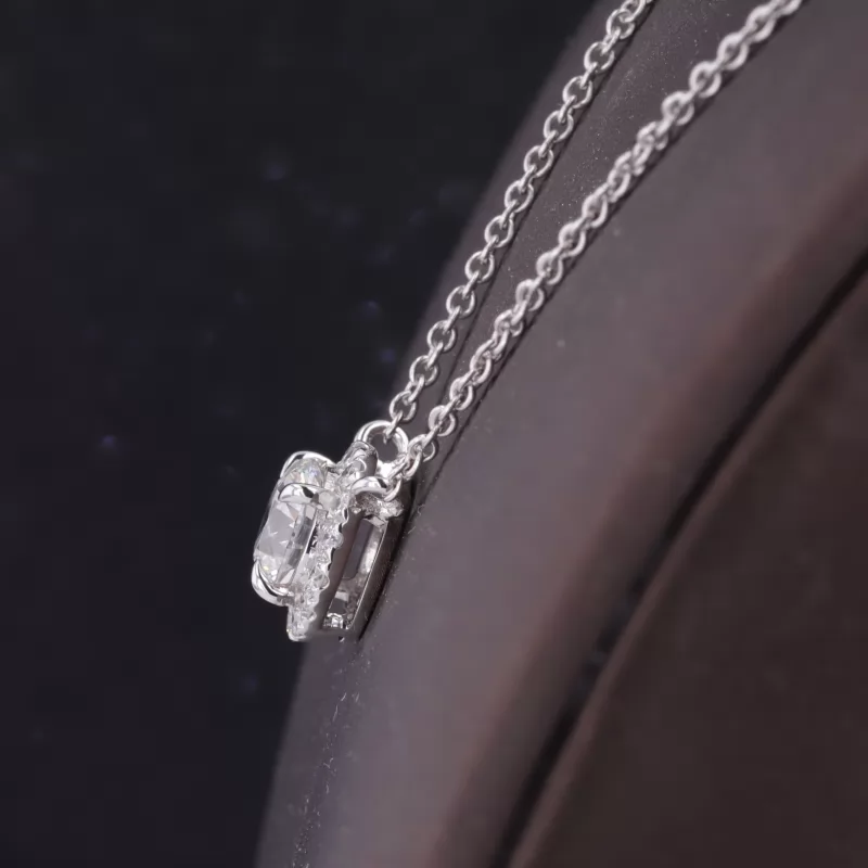 6.47mm Round Brilliant Cut Lab Grown Diamond Halo Set 14K White Gold Diamond Pendant Necklace