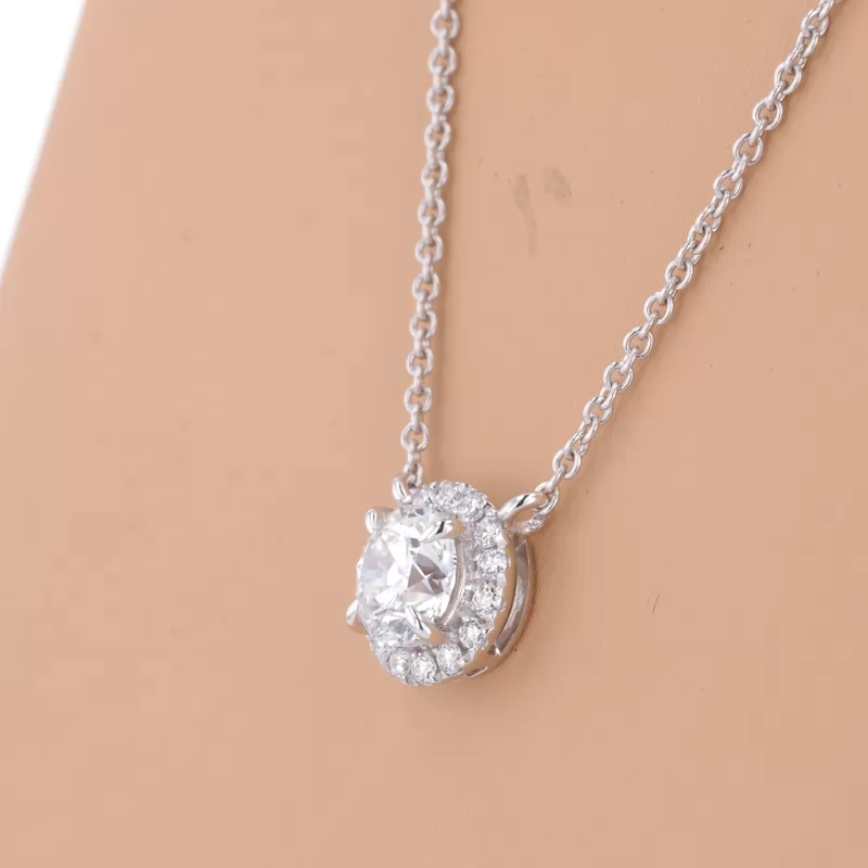 6.47mm Round Brilliant Cut Lab Grown Diamond Halo Set 14K White Gold Diamond Pendant Necklace