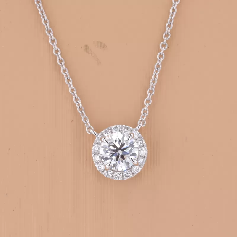 6.47mm Round Brilliant Cut Lab Grown Diamond Halo Set 14K White Gold Diamond Pendant Necklace