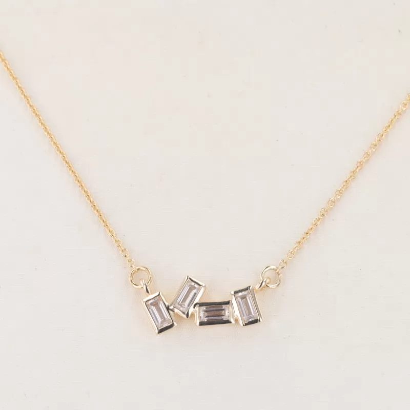 2×4mm Baguette Step Cut Moissanite Bezel Set 9K Yellow Gold Diamond Pendant Necklace