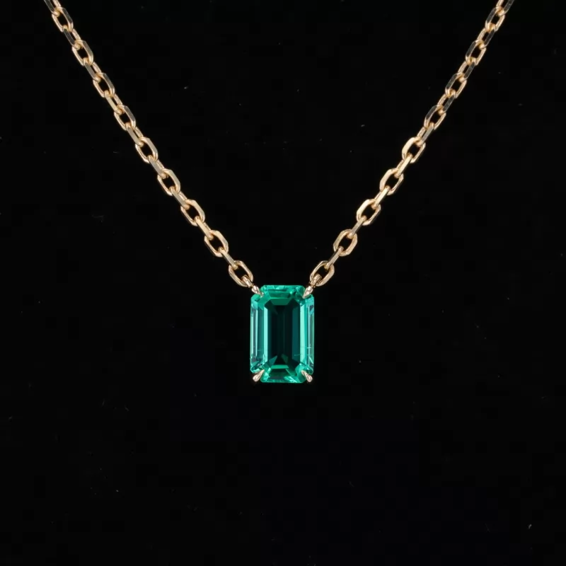 4×6mm Octagon Emerald Cut Lab Grown Emerald 10K Yellow Gold Diamond Pendant Necklace