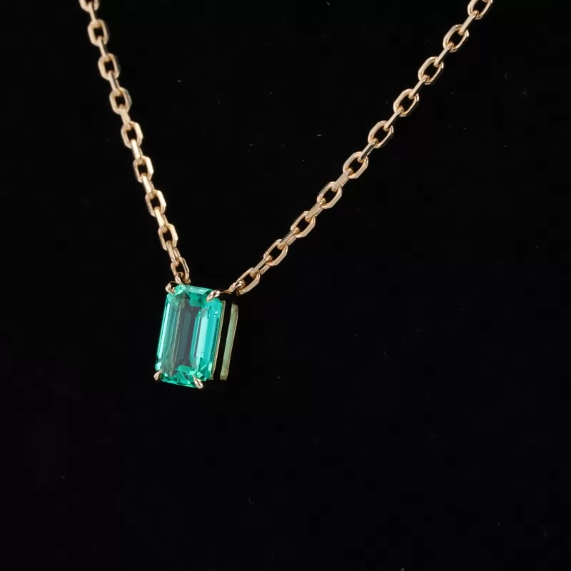 4×6mm Octagon Emerald Cut Lab Grown Emerald 10K Yellow Gold Diamond Pendant Necklace