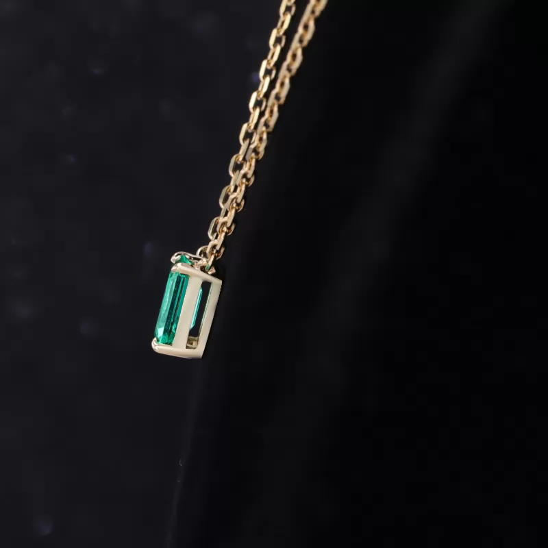 4×6mm Octagon Emerald Cut Lab Grown Emerald 10K Yellow Gold Diamond Pendant Necklace