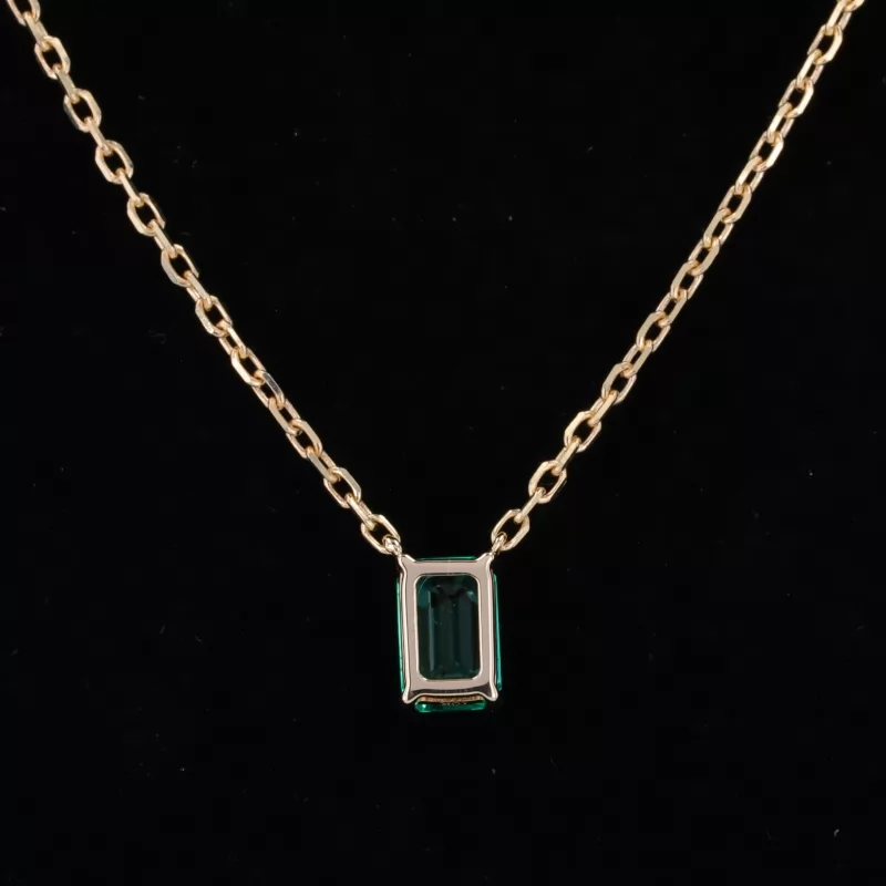 4×6mm Octagon Emerald Cut Lab Grown Emerald 10K Yellow Gold Diamond Pendant Necklace