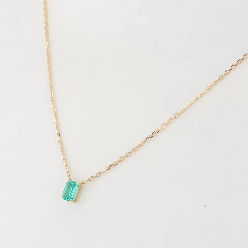 4×6mm Octagon Emerald Cut Lab Grown Emerald 10K Gold Diamond Pendant Necklace