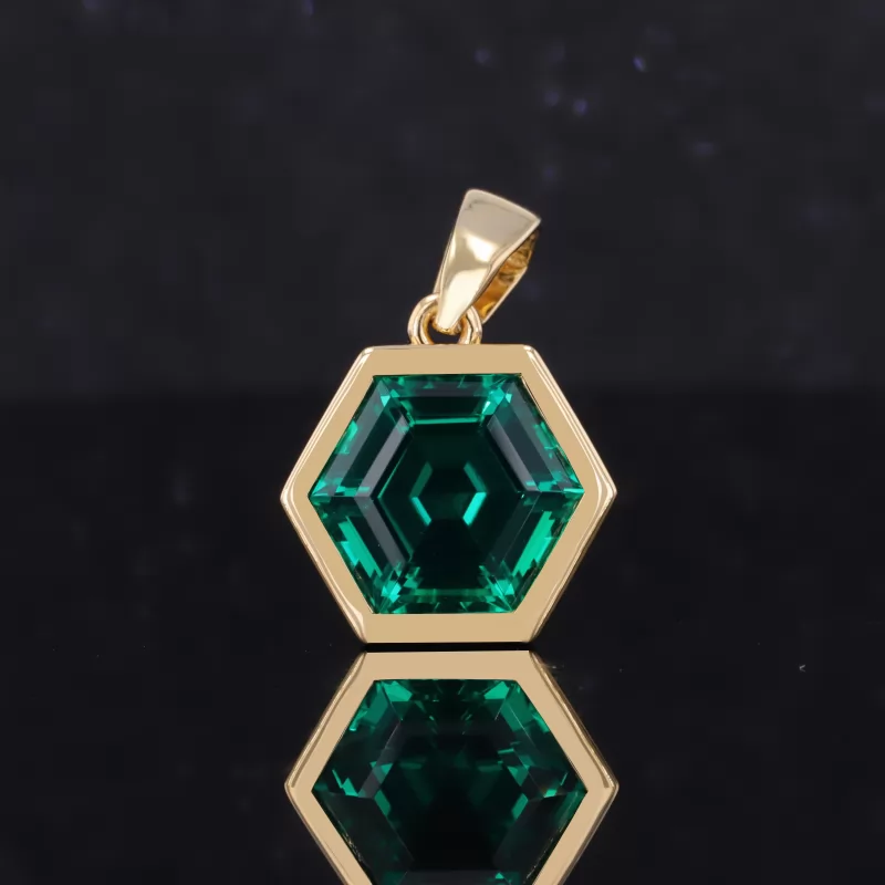 10×10mm Hexagonal Shape Lab Grown Emerald Bezel Set 18K Yellow Gold Diamond Pendant