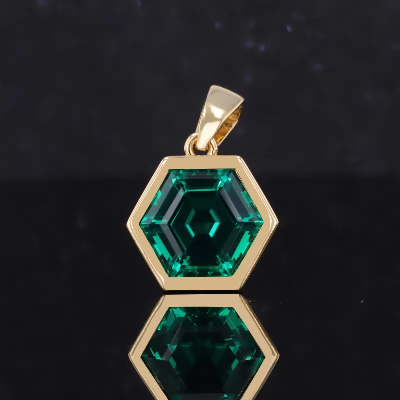 10×10mm Hexagonal Shape Lab Grown Emerald Bezel Set 18K Gold Diamond Pendant