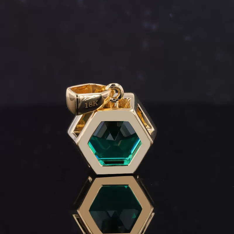 10×10mm Hexagonal Shape Lab Grown Emerald Bezel Set 18K Yellow Gold Diamond Pendant