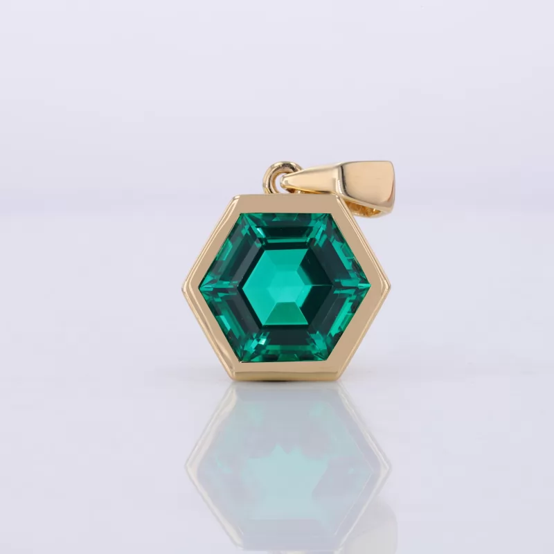 10×10mm Hexagonal Shape Lab Grown Emerald Bezel Set 18K Gold Diamond Pendant