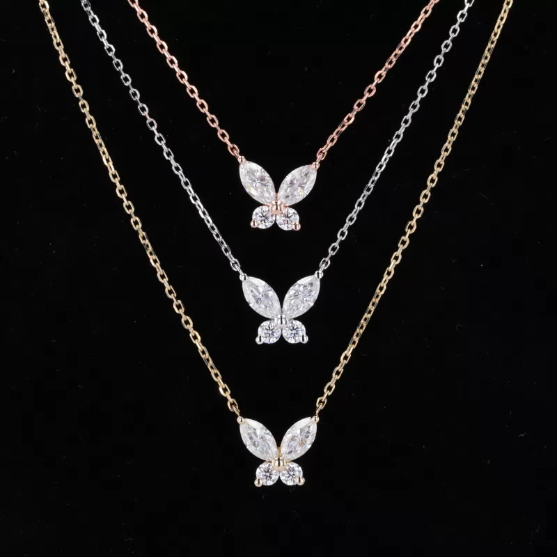 3×6mm Marquise Cut Moissanite 14K Gold Butterfly Style design Diamond Pendant Necklace