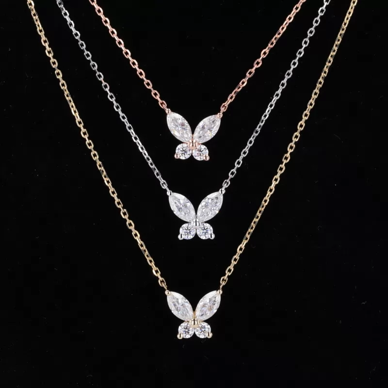 3×6mm Marquise Cut Moissanite 14K Gold Butterfly Style design Diamond Pendant Necklaces