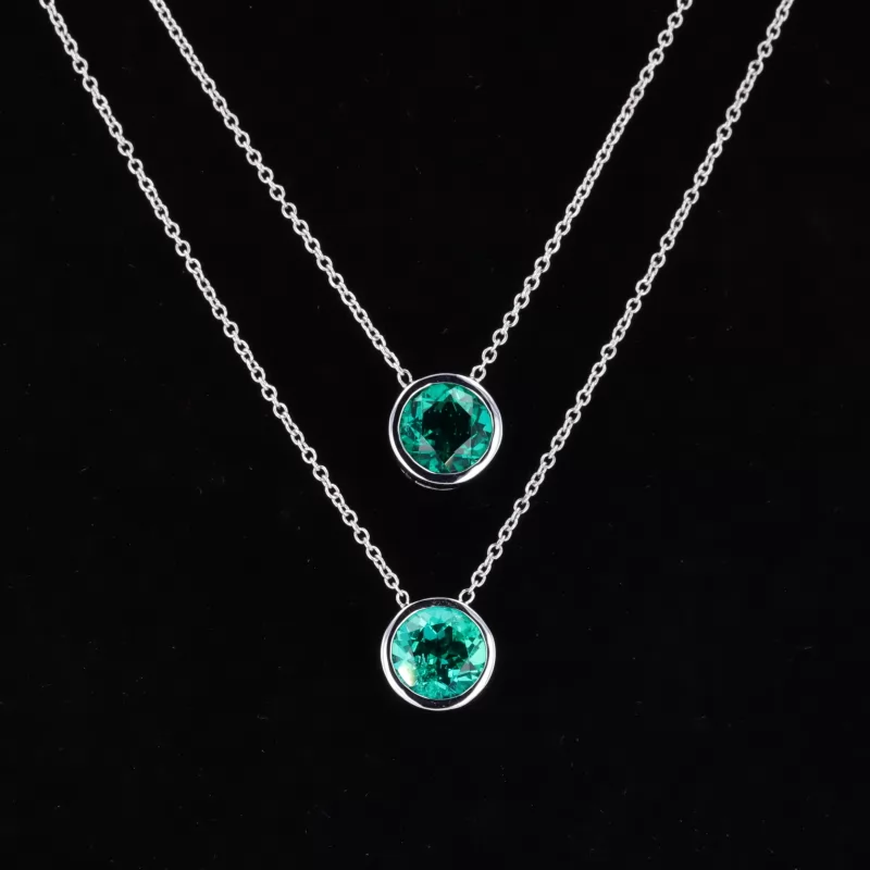 6.5mm Round Brilliant Cut Lab Grown Emerald Bezel Set 14K White Gold Diamond Pendant Necklaces