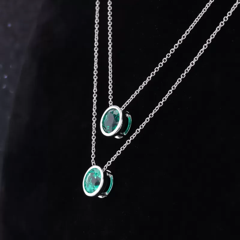 6.5mm Round Brilliant Cut Lab Grown Emerald Bezel Set 14K White Gold Diamond Pendant Necklace