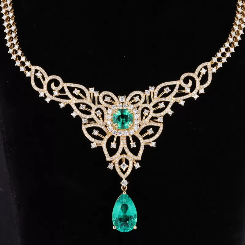 10×16mm Pear Cut Lab Grown Emerald 18K Yellow Gold Diamond Pendant Necklace