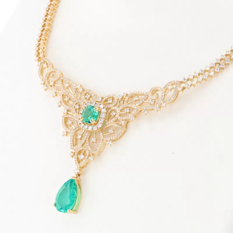 10×16mm Pear Cut Lab Grown Emerald 18K Gold Diamond Pendant Necklace
