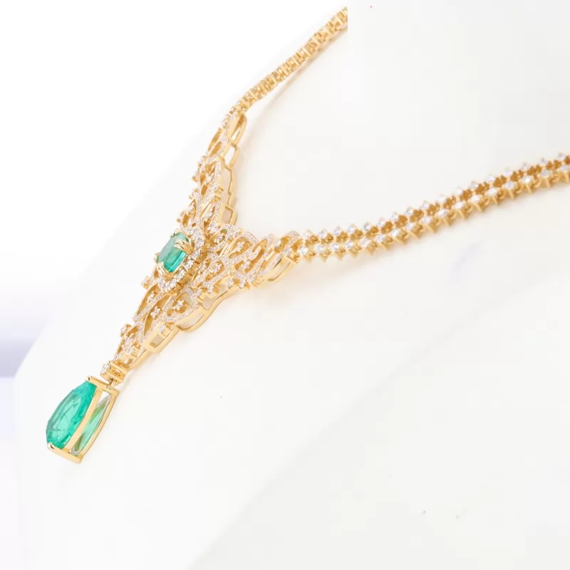 10×16mm Pear Cut Lab Grown Emerald 18K Gold Diamond Pendant Necklace