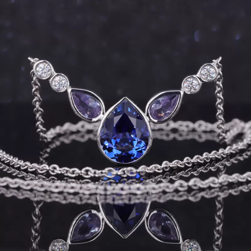 7×9mm Pear Cut Lab Grown Sapphire Bezel Set S925 Sterling Silver Diamond Pendant Necklace