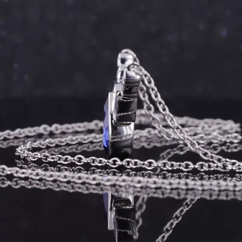 7×9mm Pear Cut Lab Grown Sapphire Bezel Set S925 Sterling Silver Diamond Pendant Necklace