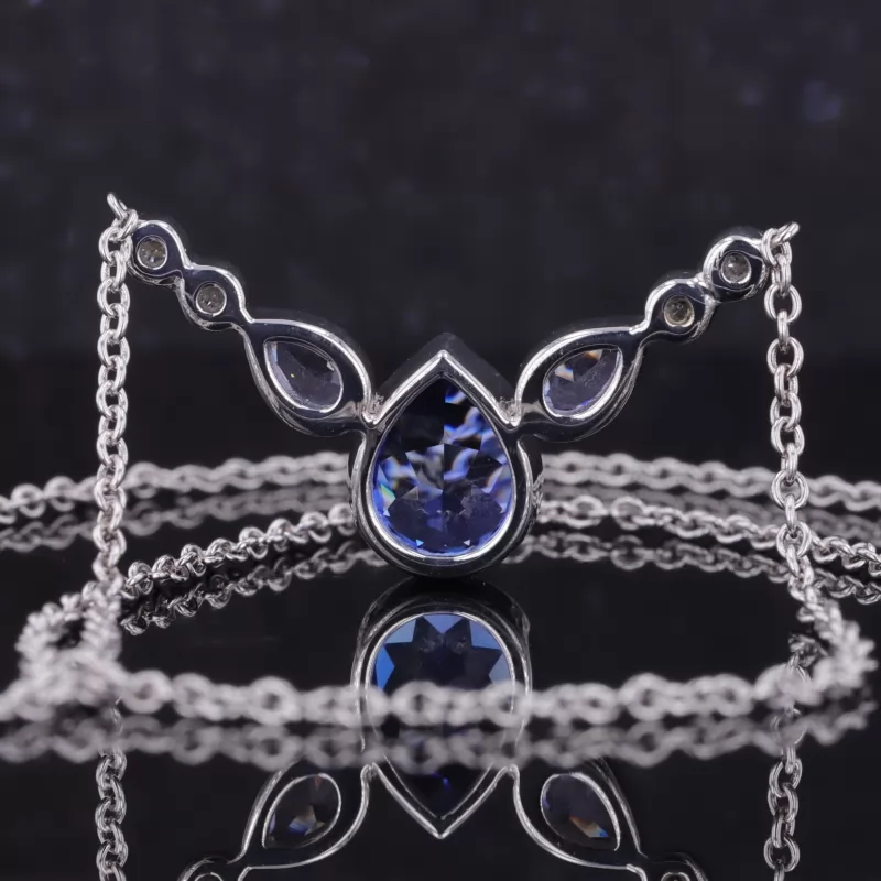 7×9mm Pear Cut Lab Grown Sapphire Bezel Set S925 Sterling Silver Diamond Pendant Necklace